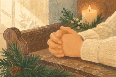 Praying Hands with Evergreen and Candlelight