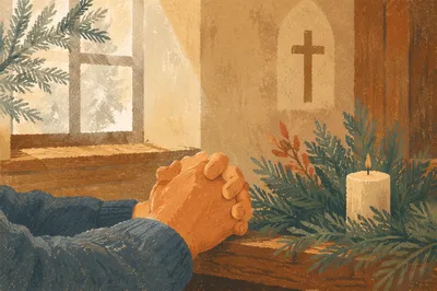 Praying Hands in Rustic Chapel Morning Light