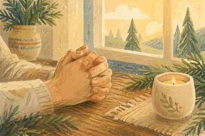 Praying Hands with Evergreen Morning Light