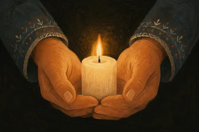 Praying Hands Holding Candle in Soft Light