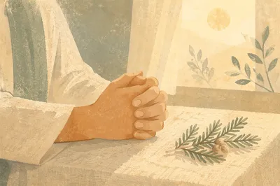 Praying Hands with Evergreen in Soft Light