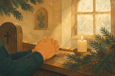 Praying Hands with Evergreen Chapel Light