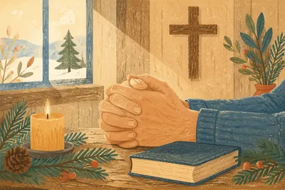 Praying Hands with Evergreen and Candlelight