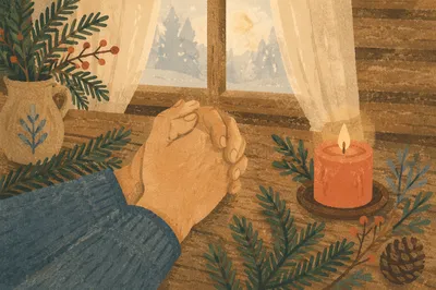 Praying Hands with Evergreen and Candlelight