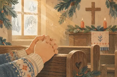 Praying Hands in Rustic Evergreen Chapel