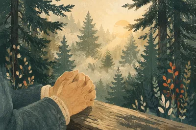 Praying Hands in Evergreen Morning Light