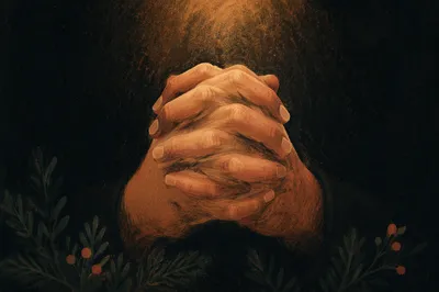 Praying Hands in Soft Evergreen Light