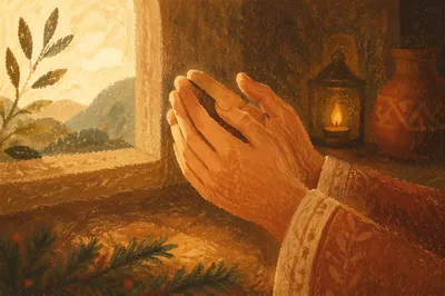 Praying Hands in Warm Evergreen Light