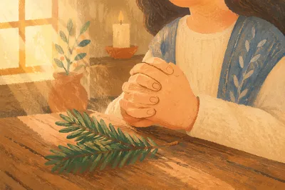 Praying Hands with Evergreen in Soft Light