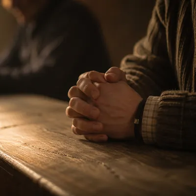Soft Light Praying Hands on Wooden Table