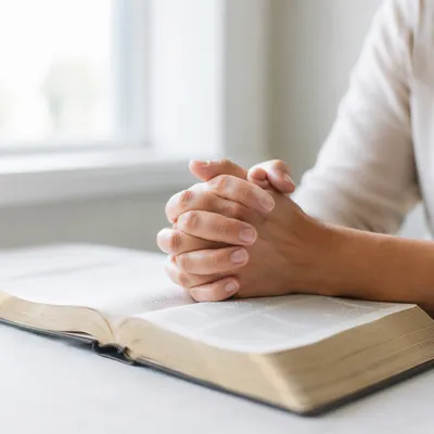 Praying Hands on Open Book in Soft Light