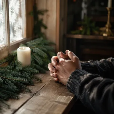 Praying Hands Beside Evergreen Candlelight