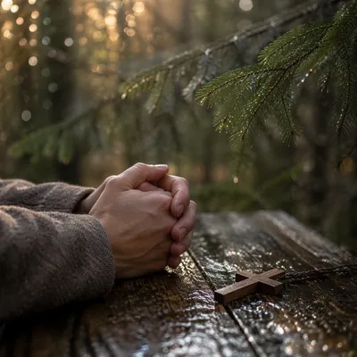 Praying Hands in Evergreen Morning Light