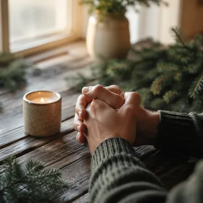 Praying Hands in Soft Evergreen Light