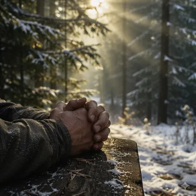 Praying Hands in Soft Evergreen Light