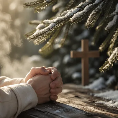 Praying Hands Beneath Winter Evergreens