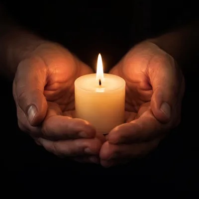 Praying Hands Holding Candlelight in Darkness
