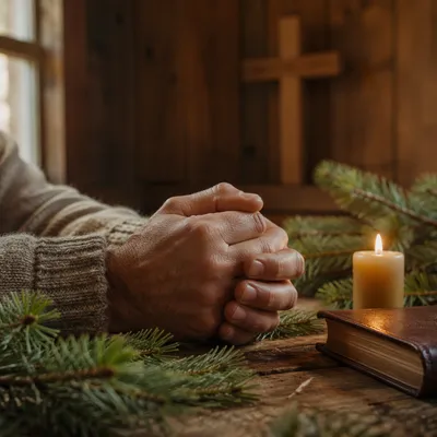 Praying Hands with Evergreen Candlelight