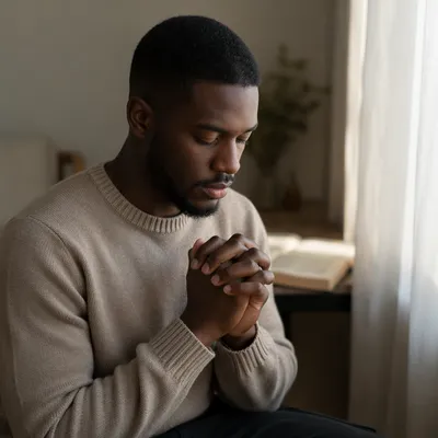 Young Man Praying by Soft Window Light