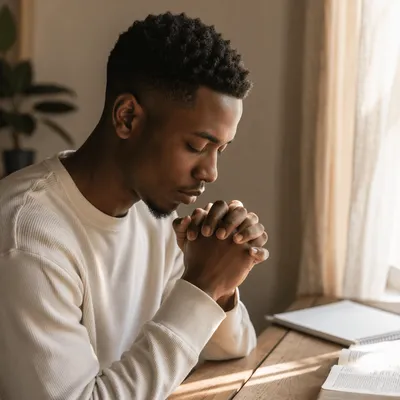 Young Man Praying by Window Light
