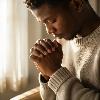 Young Man Praying in Soft Morning Light