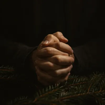 Praying Hands in Soft Evergreen Light