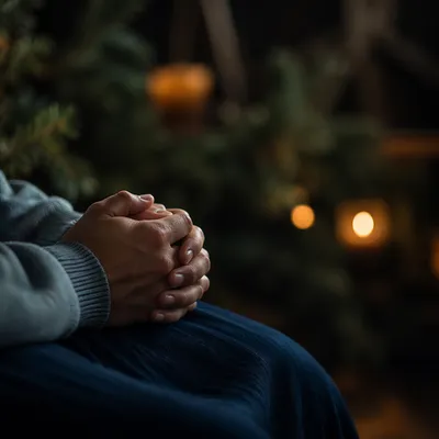 Clasped Hands Praying in Evergreen Light