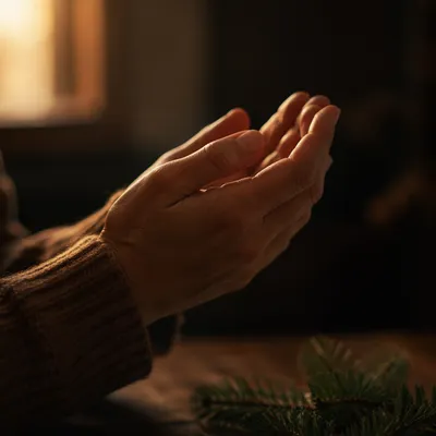 Praying Hands in Warm Evergreen Light