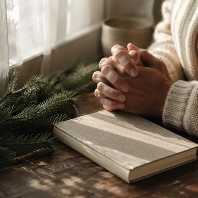 Praying Hands in Soft Evergreen Morning Light