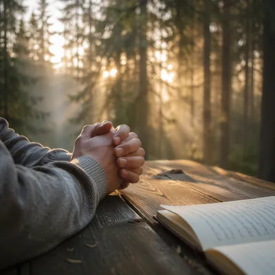 Praying Hands in Morning Evergreen Light