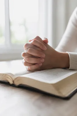 Praying Hands on Open Book in Soft Light