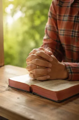 Praying Hands on Worn Book in Soft Light
