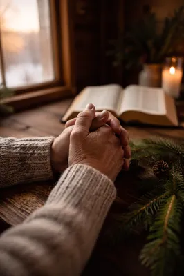 Praying Hands Beside Evergreen and Candlelight