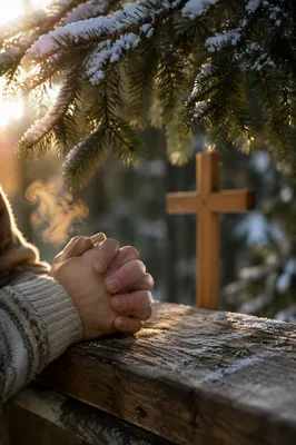Praying Hands Beneath Winter Evergreen Light