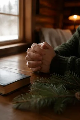 Praying Hands in Soft Evergreen Light