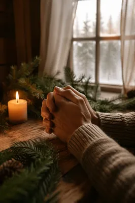Praying Hands with Evergreen and Candlelight