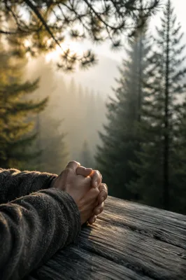 Praying Hands in Misty Evergreen Light