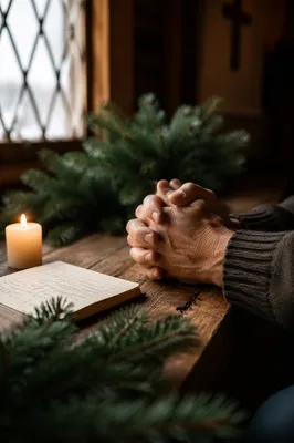 Praying Hands in Soft Evergreen Chapel Light