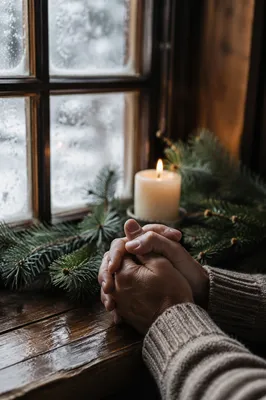 Praying Hands by Frosted Winter Window