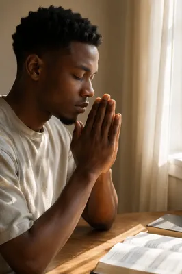 Young Man Praying by Sunlit Window