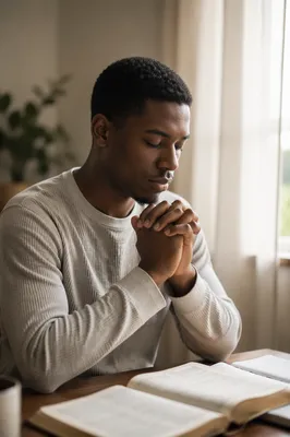 Young Man Praying by Window Light