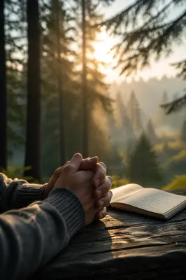 Praying Hands in Evergreen Morning Light