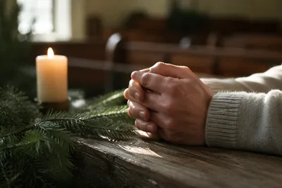 Praying Hands With Evergreen and Candlelight