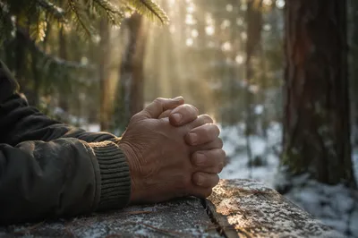 Praying Hands in Soft Evergreen Morning Light