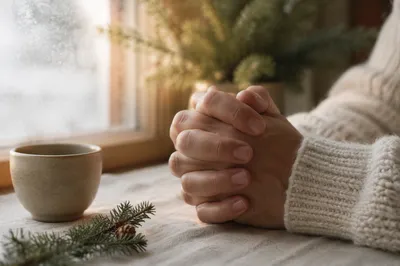Praying Hands by Frosted Winter Window