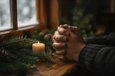 Praying Hands in Soft Evergreen Light