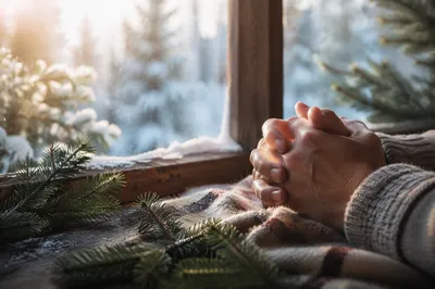 Praying Hands in Soft Evergreen Morning Light