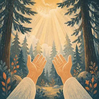 Hands Reaching Toward Sunlight in Evergreen Forest