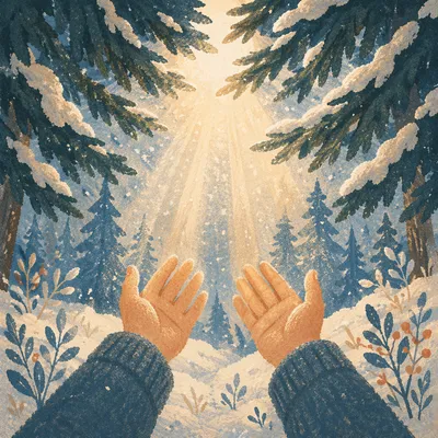 Prayerful Hands Reaching Toward Evergreen Light