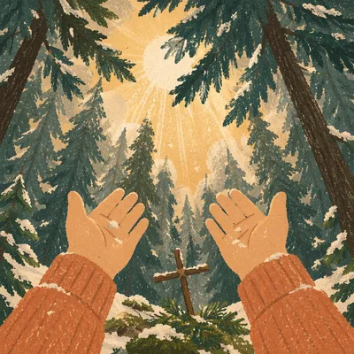 Hands Reaching Toward Golden Forest Light